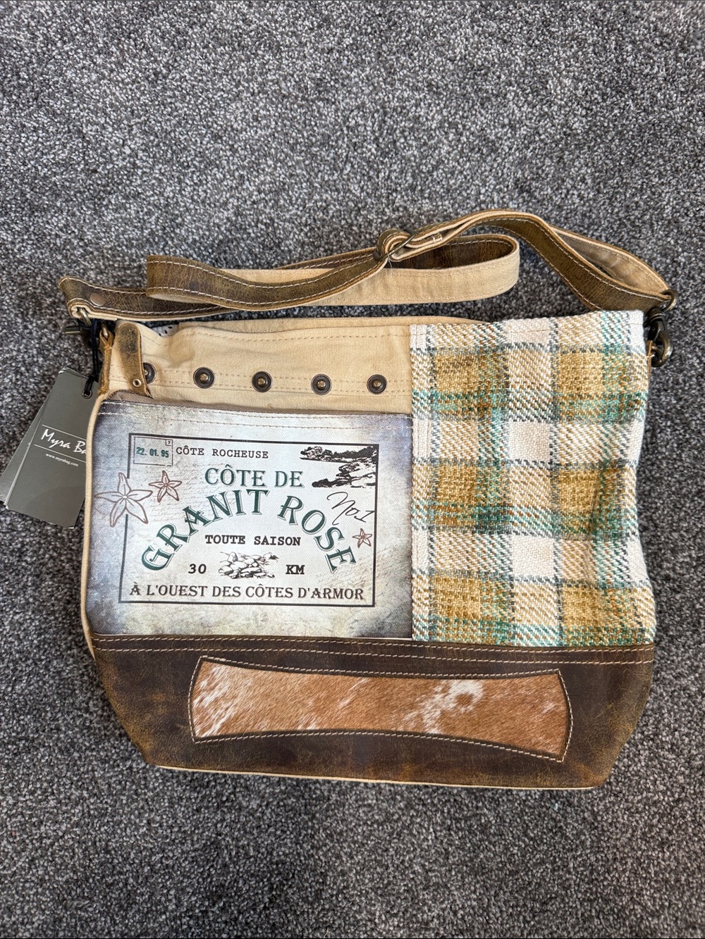 Myra Bag Brown & Beige Plaid Canvas Messenger